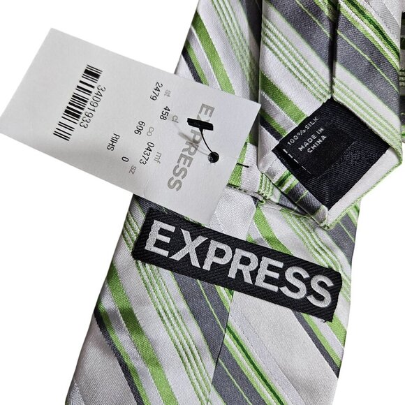 Express NWT Mens Silver Green & Gray Stripe Silk Tie Standard Size Minimalist - Picture 2 of 4
